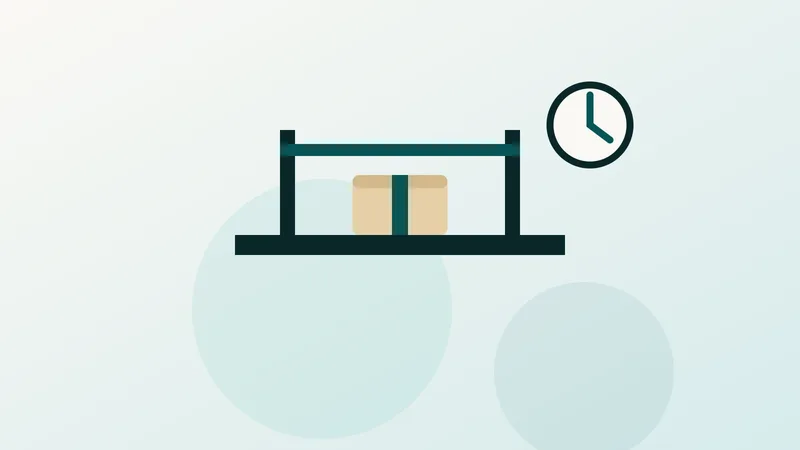 Pacote fechado com selo de cobrança, calculadora e relógio indicando prazo, em ilustração