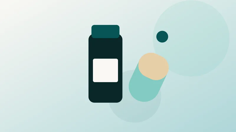 Frascos de suplemento e cosméticos ao lado de uma caixa de envio e uma balança, em ilustração simples